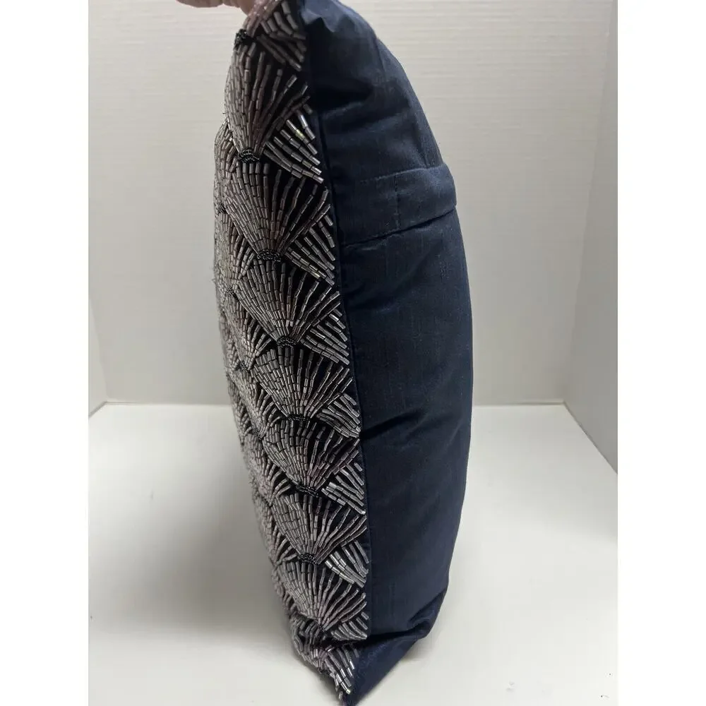 Z Gallerie 16” X 16” Beaded Fan Pillow Navy w/ Pink & Navy Beading EUC